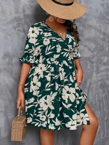 SHEIN LUNE Plus Floral Print Flounce Sleeve Overlap Collar Dress - Multicolor - View 4