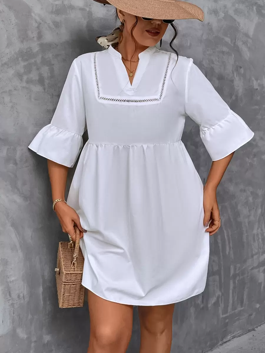 SHEIN VCAY Vestido smock con encaje de manga con volante - Blanco - Ver 1