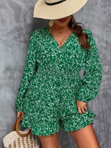 SHEIN Holidaya Plus Ditsy Floral Print Lantern Sleeve Ruffle Hem Romper - Multicolor - View 1