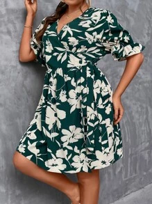 SHEIN LUNE Plus Floral Print Flounce Sleeve Overlap Collar Dress - Multicolor - View 5