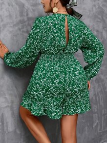 SHEIN Holidaya Plus Ditsy Floral Print Lantern Sleeve Ruffle Hem Romper - Multicolor - View 2