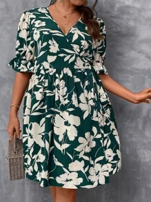 SHEIN LUNE Plus Floral Print Flounce Sleeve Overlap Collar Dress - Multicolor - View 6