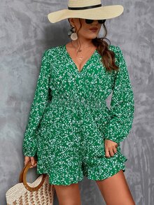 SHEIN Holidaya Plus Ditsy Floral Print Lantern Sleeve Ruffle Hem Romper - Multicolor - View 3