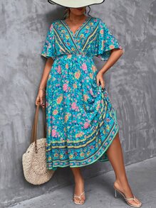 Breezaya Vestido maxi con estampado floral, mangas tipo mariposa y dobladillo con volantes para mujer de talla grande - Multicolor - Ver 1