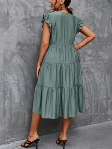 SHEIN LUNE Vestido smock de manga mariposa bajo con fruncido - Azul Cadete - Ver 2