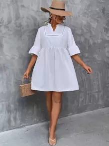 SHEIN VCAY Vestido smock con encaje de manga con volante - Blanco - Ver 4