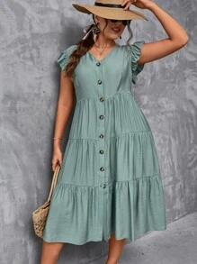 SHEIN LUNE Vestido smock de manga mariposa bajo con fruncido - Azul Cadete - Ver 3