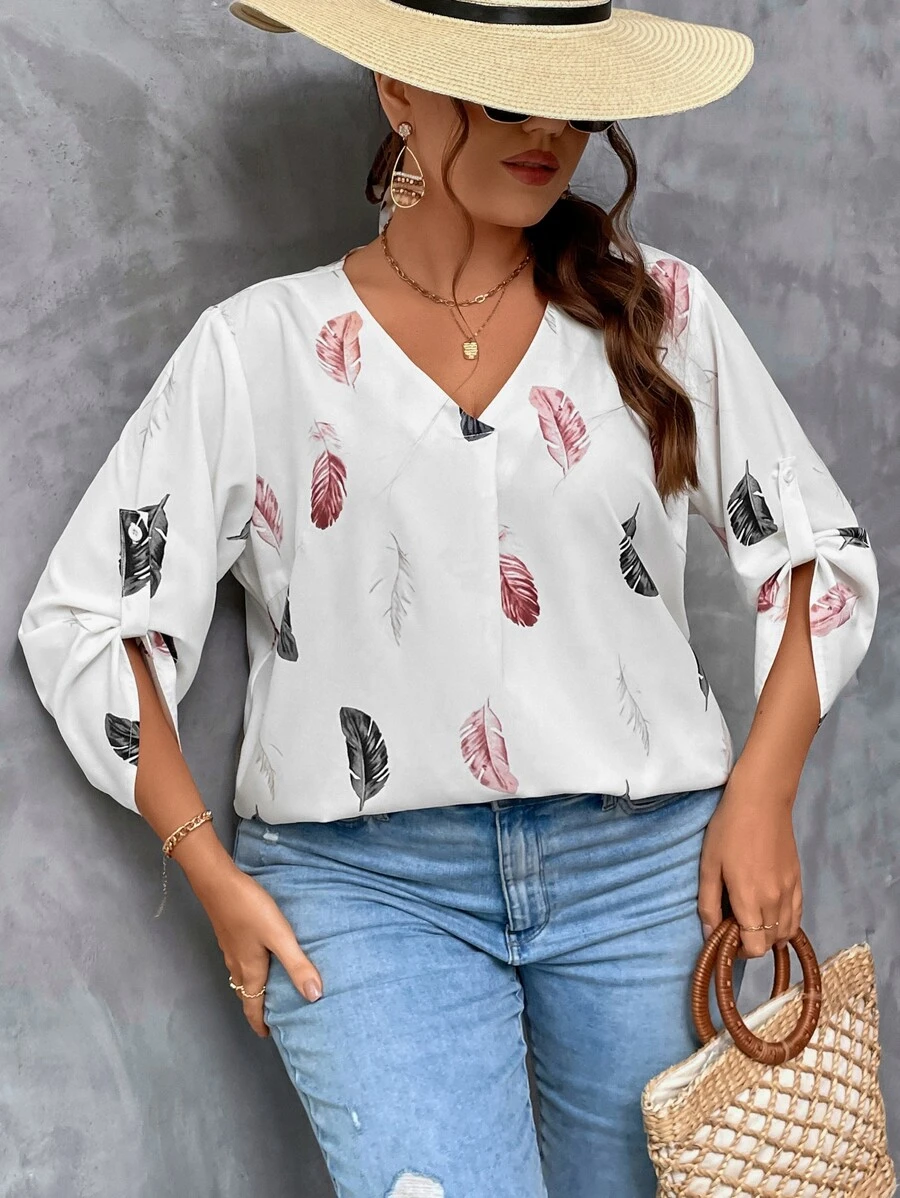 SHEIN LUNE Plus Feather Print Roll Tab Sleeve Blouse - White - View 1
