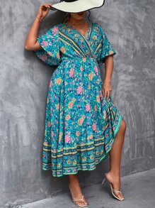 Breezaya Vestido maxi con estampado floral, mangas tipo mariposa y dobladillo con volantes para mujer de talla grande - Multicolor - Ver 3