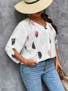 SHEIN LUNE Plus Feather Print Roll Tab Sleeve Blouse - White - View 4