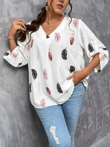 SHEIN LUNE Plus Feather Print Roll Tab Sleeve Blouse - White - View 5