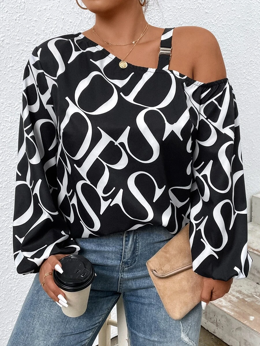 Celure Áo cánh tay đèn lồng cổ bất đối xứng in họa tiết toàn thân Plus một bên vai - Đen và trắng - Xem 1
