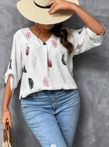 SHEIN LUNE Plus Feather Print Roll Tab Sleeve Blouse - White - View 6