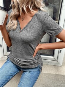 SHEIN LUNE Áo thun nữ Dây kéo Xù màu trơn Giải trí - Xám - Xem 4
