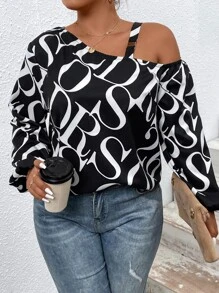 Celure Áo cánh tay đèn lồng cổ bất đối xứng in họa tiết toàn thân Plus một bên vai - Đen và trắng - Xem 4