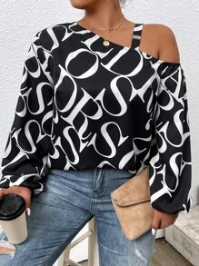 Celure Áo cánh tay đèn lồng cổ bất đối xứng in họa tiết toàn thân Plus một bên vai - Đen và trắng - Xem 5