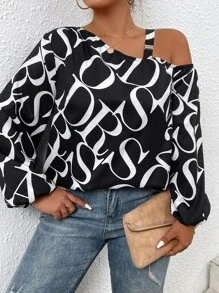 Celure Áo cánh tay đèn lồng cổ bất đối xứng in họa tiết toàn thân Plus một bên vai - Đen và trắng - Xem 6