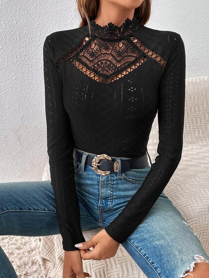 SHEIN Frenchy Guipure Adult  Lace Insert Eyelet Embroidery Mock Neck Tee Bodysuit Winter Elegant Black