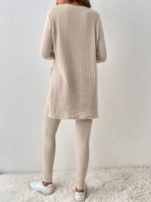 SHEIN Essnce 蕾絲拼接條紋針織下擺開叉T恤和緊身褲 - 杏色 - 查看 2