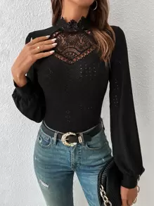 SHEIN Frenchy 水溶蕾絲拼接小高領T恤 - 黑色 - 查看 4