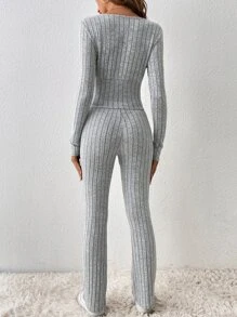 SHEIN Essnce Surplice Neck Tee & Flare Leg Pants - Light Grey - View 2