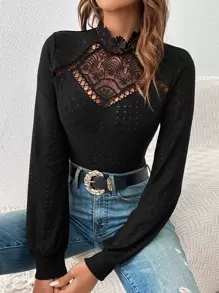 SHEIN Frenchy 水溶蕾絲拼接小高領T恤 - 黑色 - 查看 6