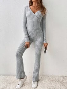 SHEIN Essnce Surplice Neck Tee & Flare Leg Pants - Light Grey - View 6