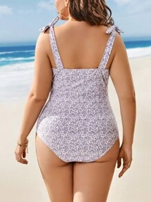 SHEIN Swim Curve Cộng với kích thước một mảnh Thắt nút Họa tiết hoa Boho - Nhiều màu - Xem 2