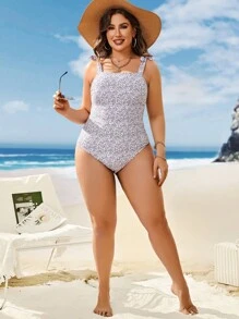SHEIN Swim Curve Cộng với kích thước một mảnh Thắt nút Họa tiết hoa Boho - Nhiều màu - Xem 4