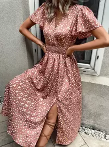 SHEIN VCAY 滿版印花腰部打褶蝴蝶袖高衩連衣裙