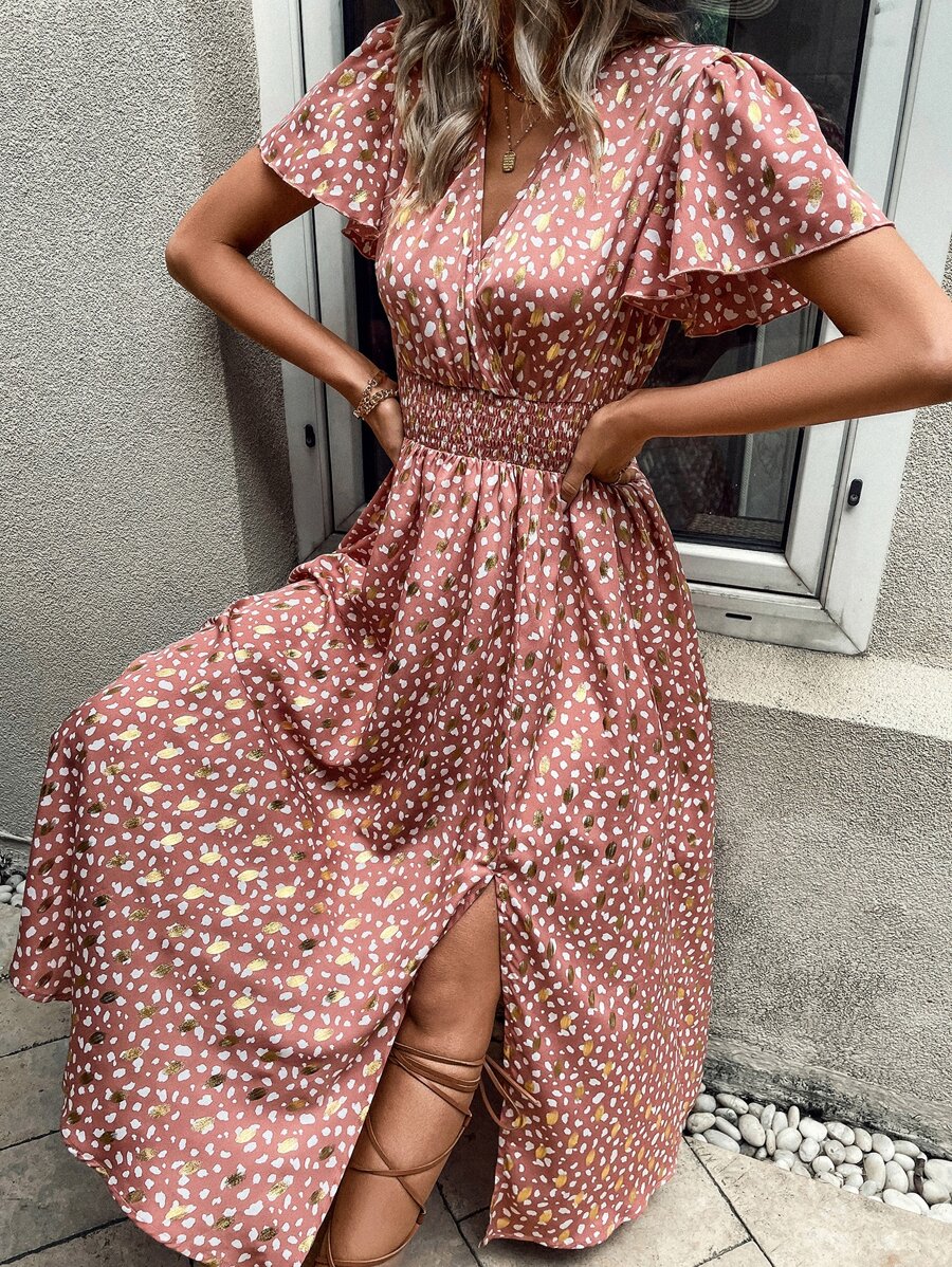 SHEIN VCAY 滿版印花腰部打褶蝴蝶袖高衩連衣裙