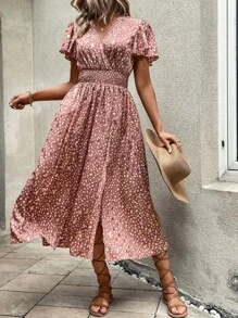 SHEIN VCAY 滿版印花腰部打褶蝴蝶袖高衩連衣裙