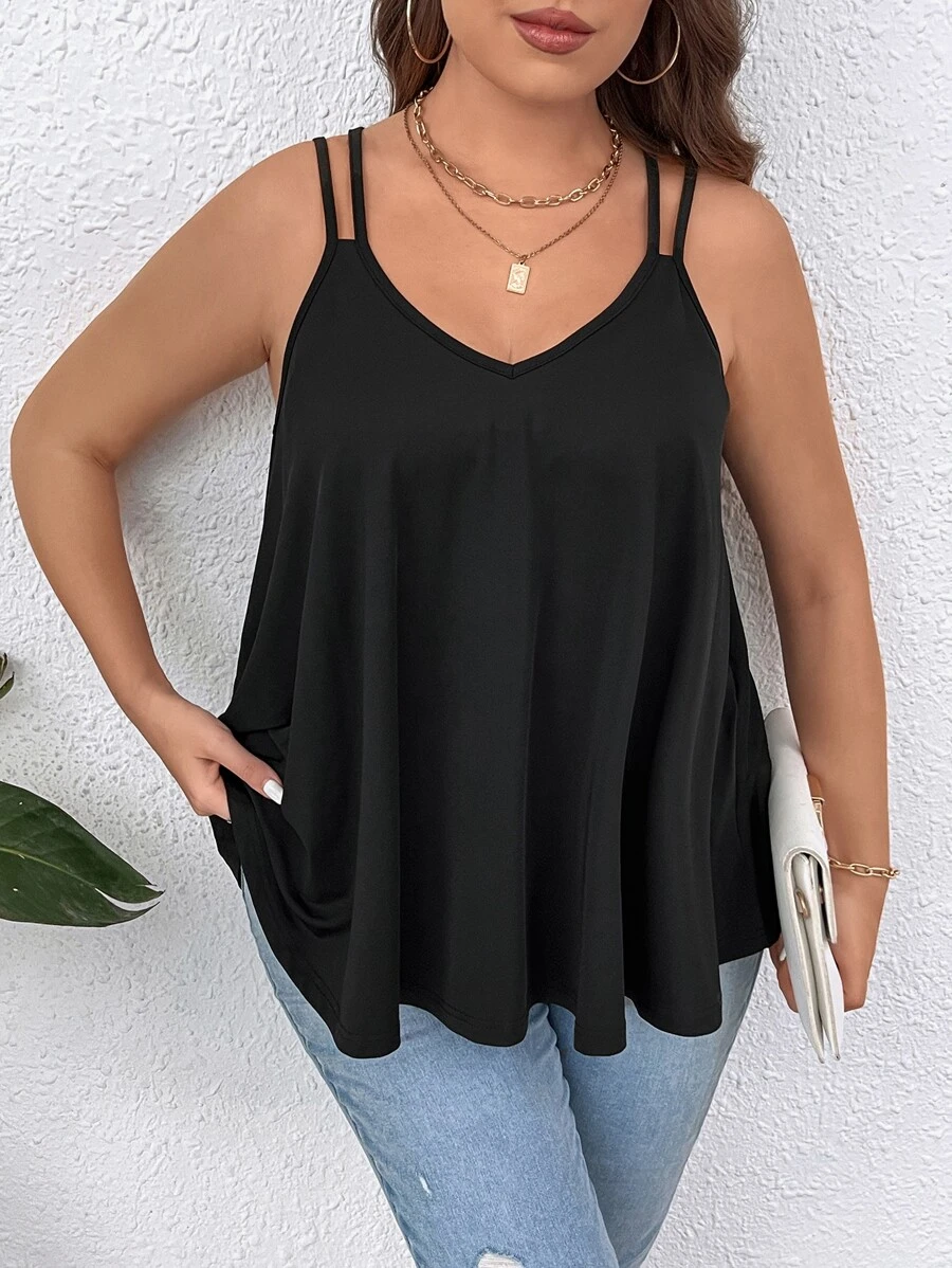 SHEIN LUNE Plus Double Strap Solid Cami Top - Black - View 1