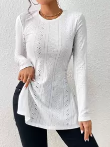 SHEIN Essnce Áo thun nữ Chia Tranh thêu màu trơn Giải trí - trắng - Xem 3