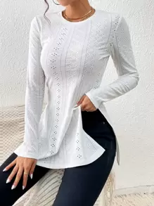 SHEIN Essnce Áo thun nữ Chia Tranh thêu màu trơn Giải trí - trắng - Xem 4