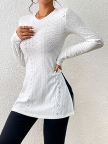 SHEIN Essnce Áo thun nữ Chia Tranh thêu màu trơn Giải trí - trắng - Xem 5