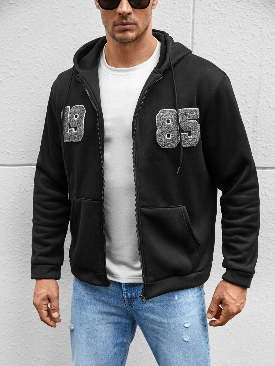 Hombres Capucha con estampado de letra con cremallera con cordón con forro térmico - Negro - Ver 1