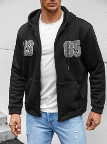 Hombres Capucha con estampado de letra con cremallera con cordón con forro térmico - Negro - Ver 3