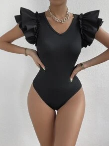 SHEIN BAE Solid Rib Knit Layered Sleeve Bodysuit - Black - View 4