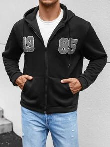 Hombres Capucha con estampado de letra con cremallera con cordón con forro térmico - Negro - Ver 4