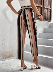 SHEIN Clasi Striped Print Belted Trousers - Apricot - View 2