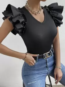 SHEIN BAE Solid Rib Knit Layered Sleeve Bodysuit - Black - View 6