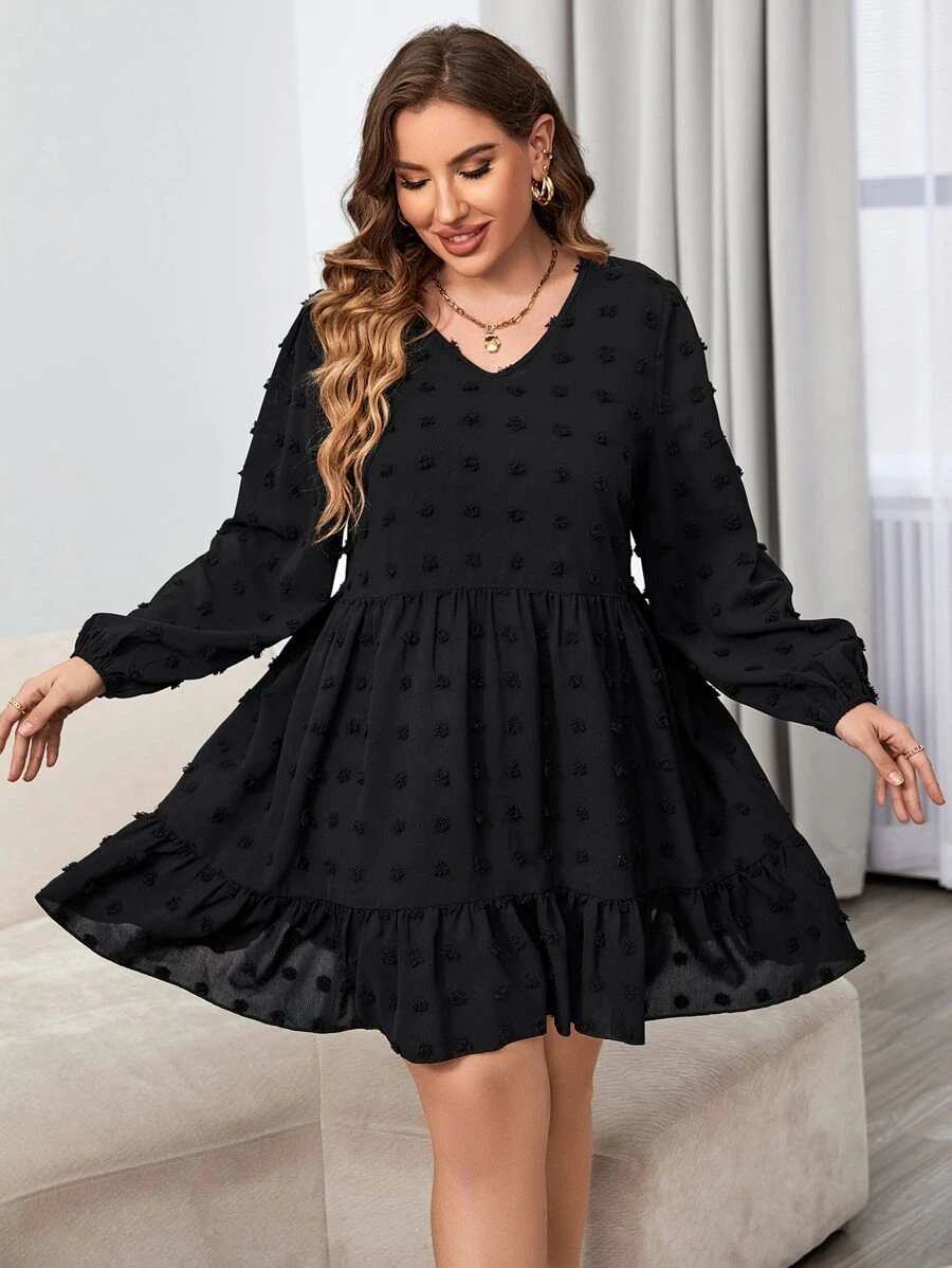 Celure Plus Swiss Dot Ruffle Hem Dress - Black - View 1