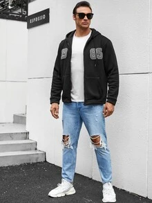 Hombres Capucha con estampado de letra con cremallera con cordón con forro térmico - Negro - Ver 6