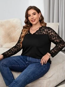 SHEIN LUNE Camiseta con encaje en contraste - Negro - Ver 3
