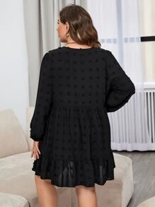 Celure Plus Swiss Dot Ruffle Hem Dress - Black - View 2