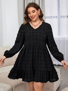 Celure Plus Swiss Dot Ruffle Hem Dress - Black - View 3