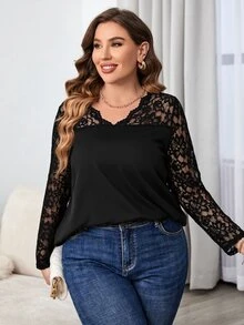 SHEIN LUNE Camiseta con encaje en contraste - Negro - Ver 4