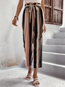 SHEIN Clasi Striped Print Belted Trousers - Apricot - View 5