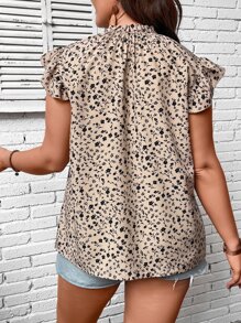 SHEIN Franclia Plus Ditsy Print Ruffle Trim Mock Neck Blouse - Khaki - View 2